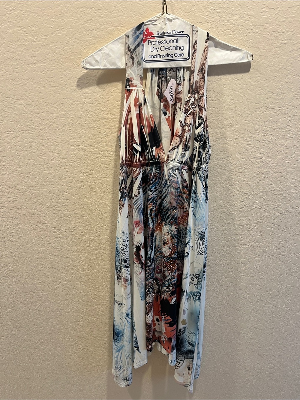 S-Twelve Cream Multi-Color Printed Skater Dress with Rust and Blue Accents